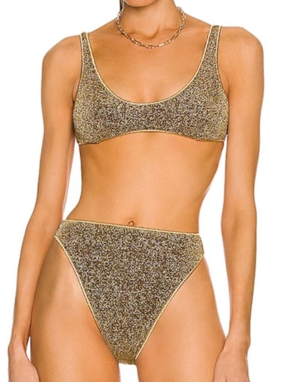 Oseree Lumiere Sporty 90’s Metallic Gold Glitter Bikini Top Bottom Set Large